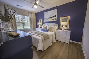 Leland apartment for rent - a blue and white bedroom with a bed and a window