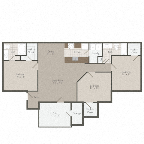 Floor plan for 3 beds, 2 baths, 1362 sqft