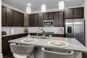 Wake Forest apartment for rent - A modern kitchen with dark brown cabinets and a granite countertop.