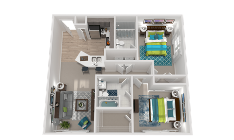 Floor plan for 2 beds, 2 baths, 1075 sqft