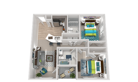 Floor plan for 2 beds, 2 baths, 1033 sqft