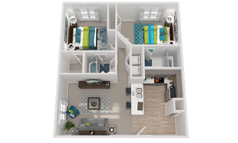 Floor plan for 2 beds, 2 baths, 1085 sqft