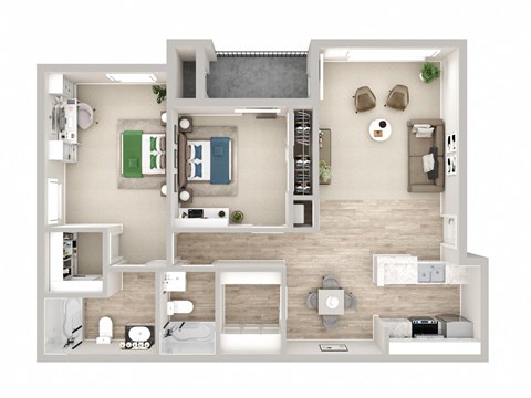 Floor plan for 2 beds, 2 baths, 940 sqft