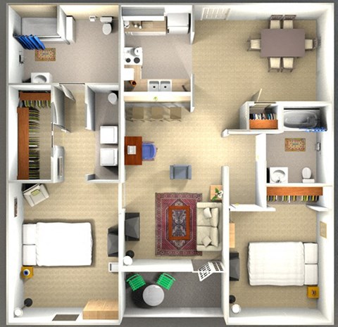 Floor plan for 2 beds, 2 baths, 1050 sqft