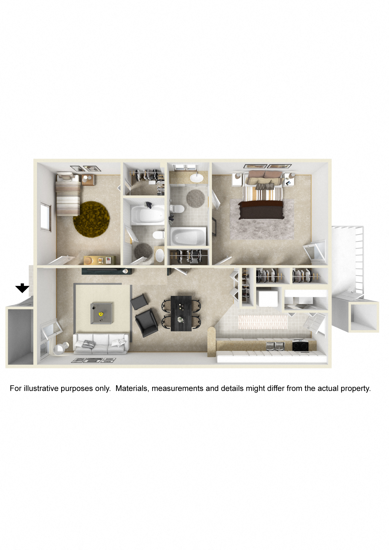 Floor plan for 2 beds, 2 baths, 1013 sqft