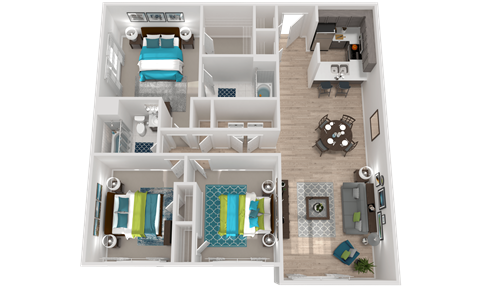 Floor plan for 3 beds, 2 baths, 1413 sqft