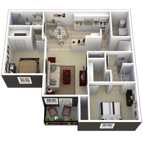 Floor plan for 2 beds, 2 baths, 1100 sqft
