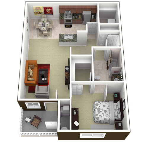 Floor plan for 1 bed, 1 bath, 855 sqft