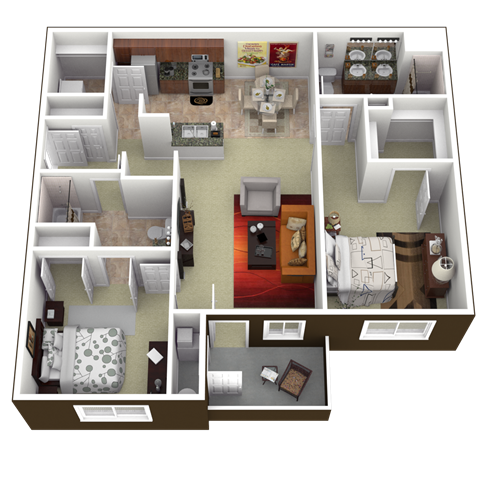 Floor plan for 2 beds, 2 baths, 1195 sqft