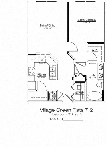 Floor plan for 1 bed, 1 bath, 712 sqft