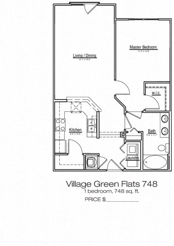 Floor plan for 1 bed, 1 bath, 748 sqft