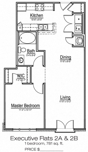 Floor plan for 1 bed, 1 bath, 781 sqft