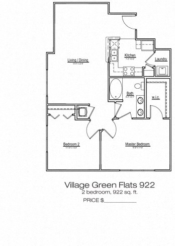 Floor plan for 2 beds, 1 bath, 922 sqft