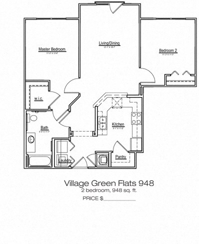 Floor plan for 2 beds, 1 bath, 948 sqft