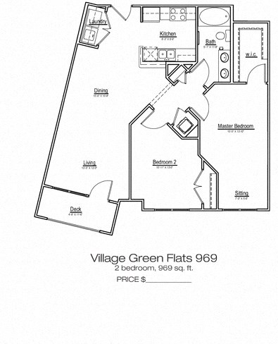 Floor plan for 2 beds, 1 bath, 969 sqft