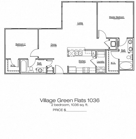 Floor plan for 2 beds, 2 baths, 1036 sqft