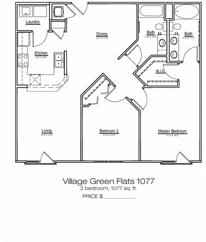 Floor plan for 2 beds, 2 baths, 1077 sqft