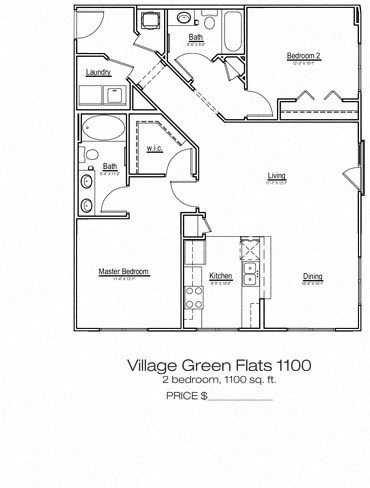 Floor plan for 2 beds, 2 baths, 1100 sqft
