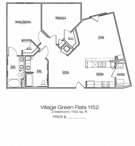 Floor plan for 2 beds, 2 baths, 1152 sqft