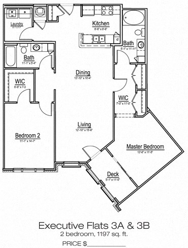 Floor plan for 2 beds, 2 baths, 1197 sqft