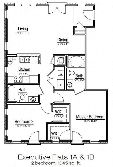 Floor plan for 2 beds, 2 baths, 1045 sqft