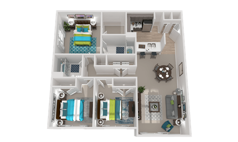 Floor plan for 3 beds, 2 baths, 1375 sqft