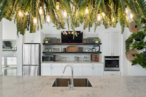 Little River apartment for rent - a kitchen with white cabinets and plants hanging above it