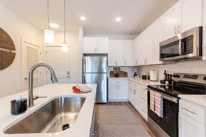Greensboro apartment for rent - A modern kitchen with a stainless steel refrigerator and black oven.