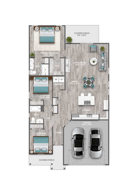 Floor plan for 3 beds, 2 baths, 1605 sqft