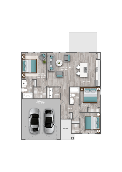 Floor plan for 3 beds, 2 baths, 1262 sqft