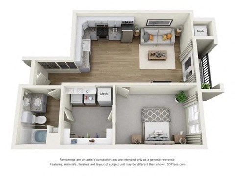 Floor plan for 1 bed, 1 bath, 689 sqft