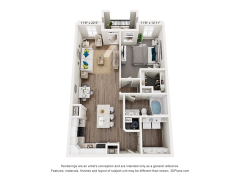 Floor plan for 1 bed, 1 bath, 834 sqft