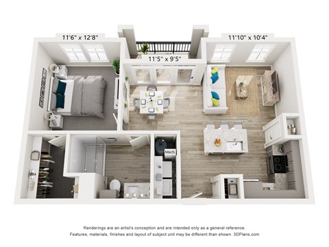 Floor plan for 1 bed, 1 bath, 750 sqft