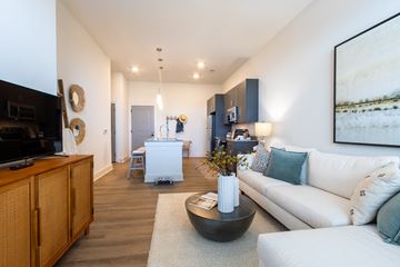 Raleigh apartment for rent - A living room with a white couch and a wooden cabinet.