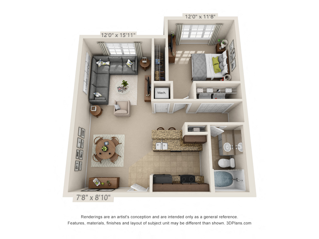 Floor plan for 1 bed, 1 bath, 749 sqft