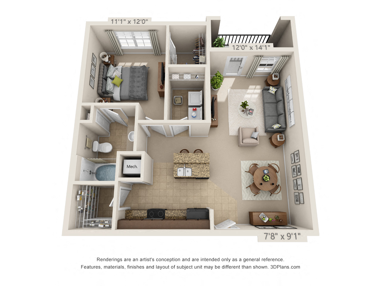 Floor plan for 1 bed, 1 bath, 859 sqft