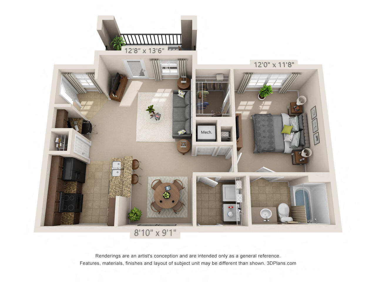 Floor plan for 1 bed, 1 bath, 824 sqft