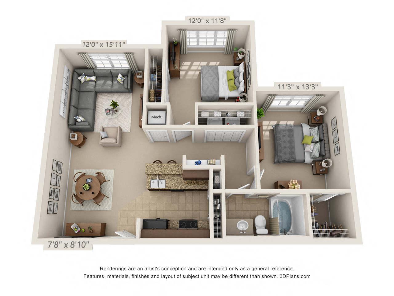 Floor plan for 2 beds, 1 bath, 974 sqft