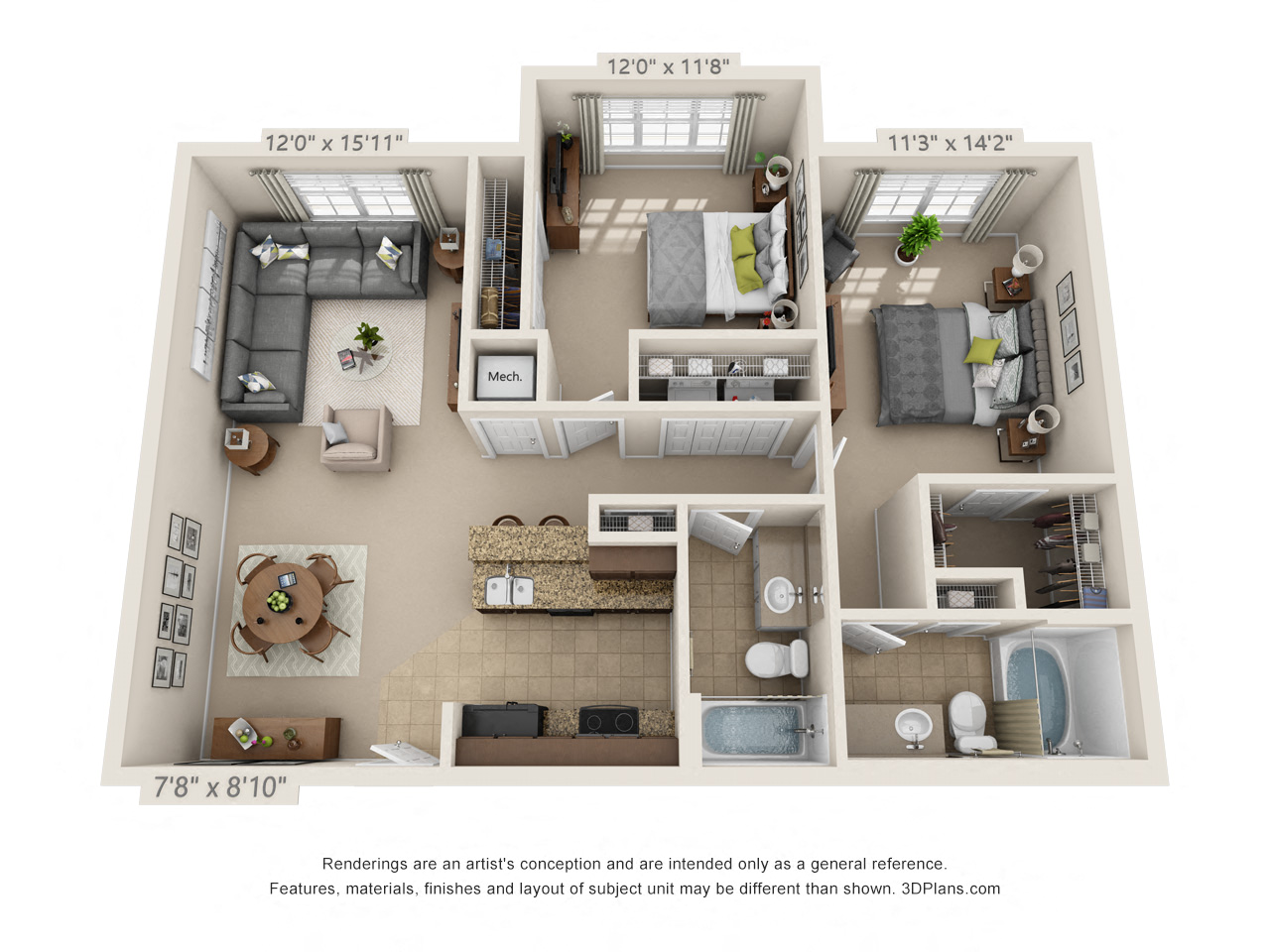 Floor plan for 2 beds, 2 baths, 1047 sqft