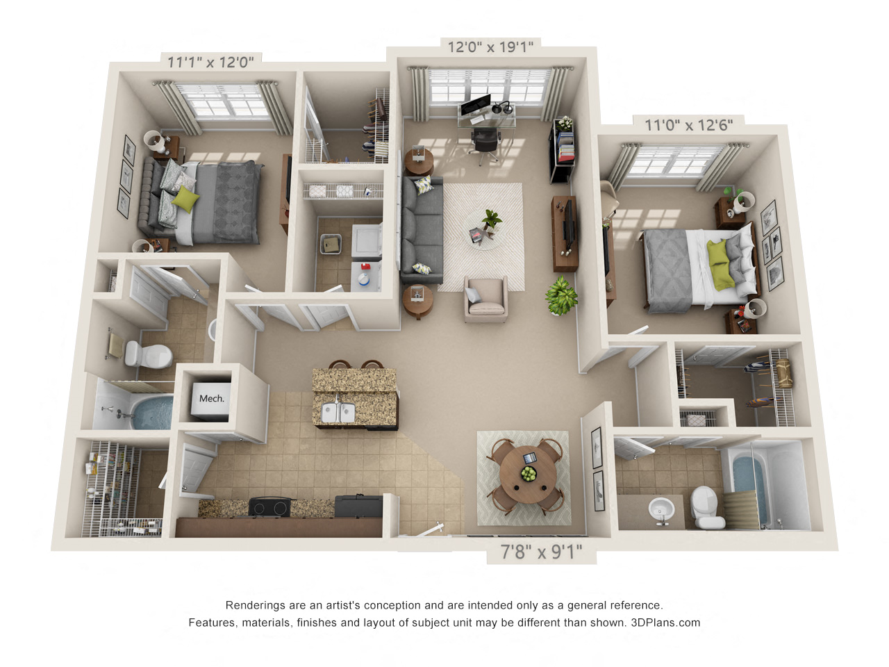 Floor plan for 2 beds, 2 baths, 1132 sqft