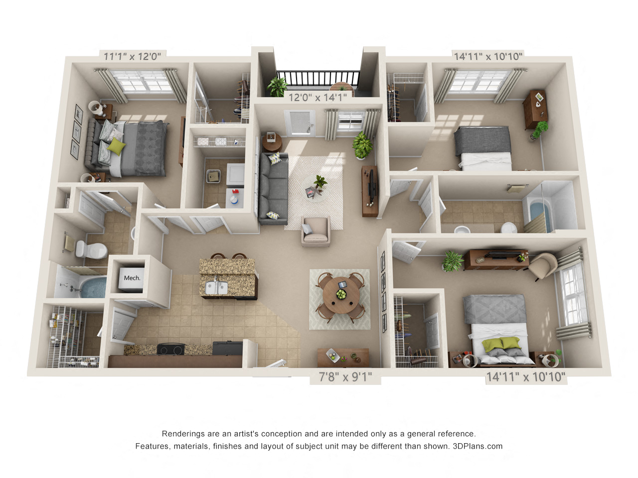 Floor plan for 3 beds, 2 baths, 1350 sqft