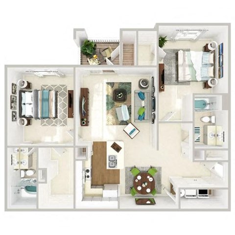 Floor plan for 2 beds, 2 baths, 1107 sqft