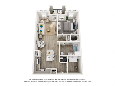 Floor plan for 1 bed, 1 bath, 834 sqft