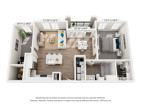 Floor plan for 1 bed, 1 bath, 854 sqft