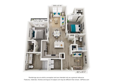 Floor plan for 2 beds, 2 baths, 1128 sqft