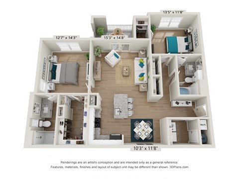 Floor plan for 2 beds, 2 baths, 1232 sqft