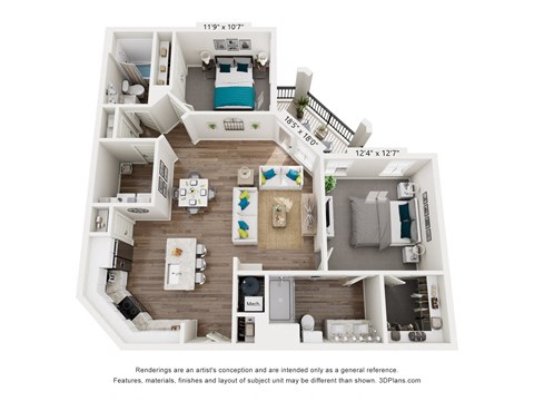 Floor plan for 2 beds, 2 baths, 1138 sqft