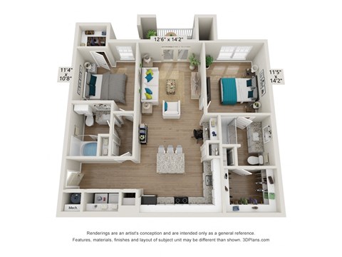 Floor plan for 2 beds, 2 baths, 1095 sqft