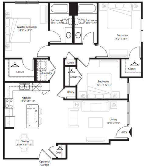 Floor plan for 3 beds, 2 baths, 1334 sqft