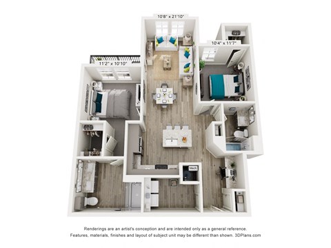 Floor plan for 2 beds, 2 baths, 1080 sqft
